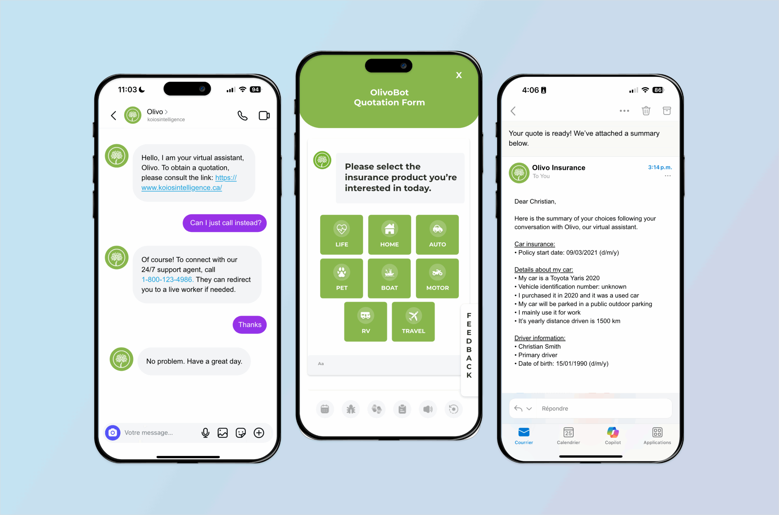Three phone mockups of Olivo API integrations: Instagram, web, Outlook email.