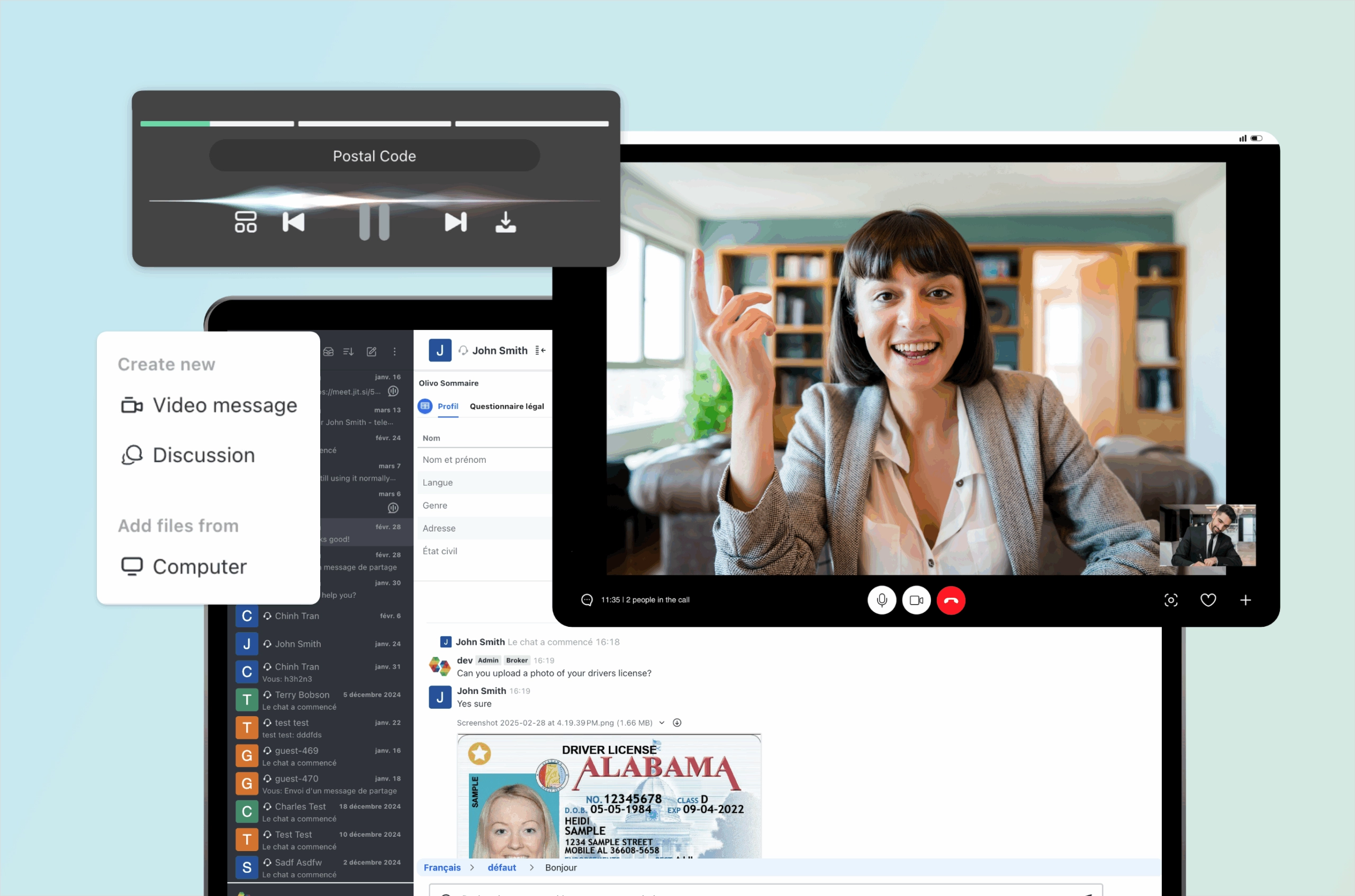 Call_OlivoLive_Risk-Assessment-Platform_BLUE Display of call between worker and client. Hovering nodes depict a live voice recording and call options.