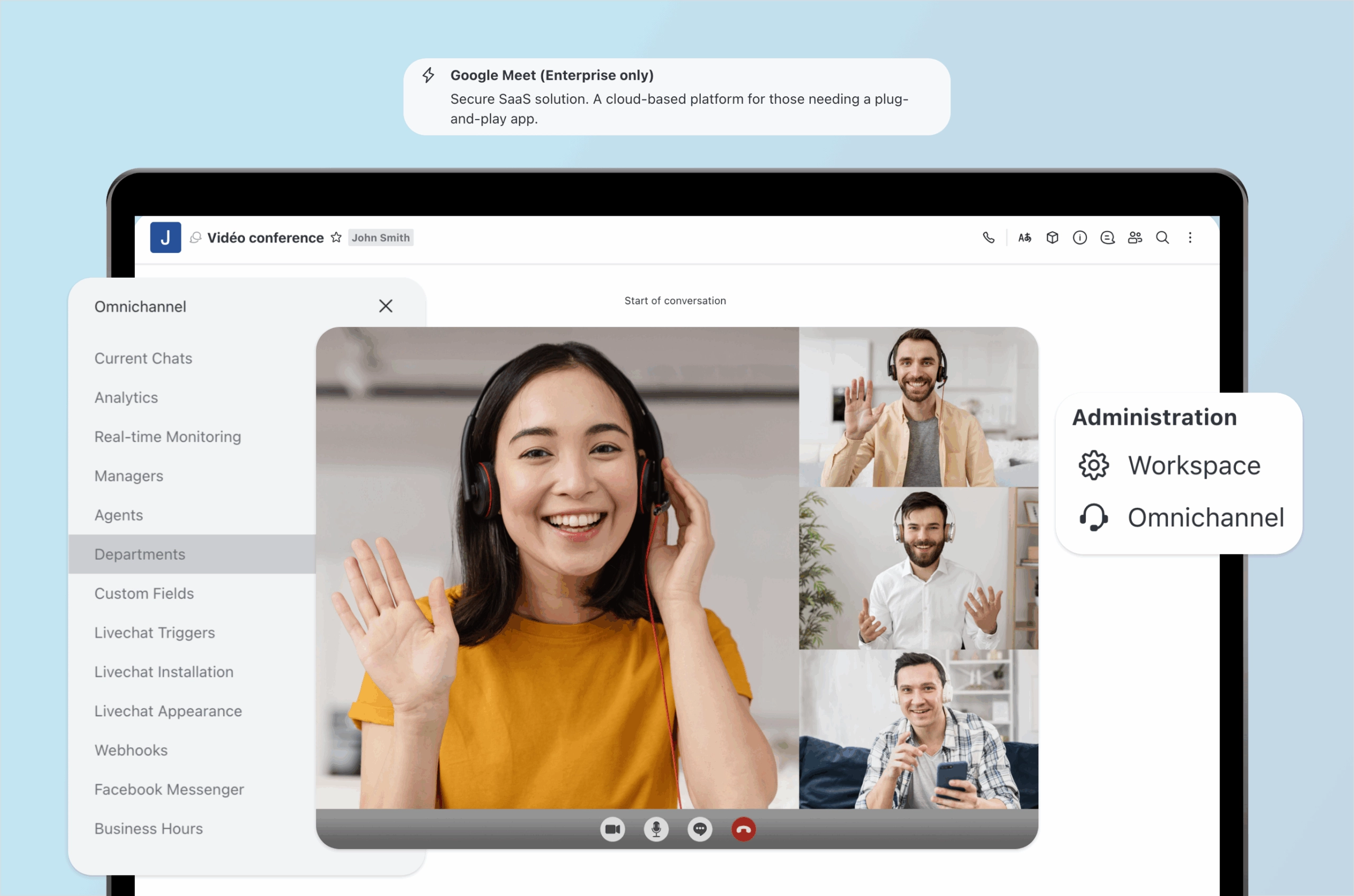 Collaborate_OlivoLive_Risk-Assessment-Platform_BLUE Conference call between four workers. Hovering options show administrative settings.
