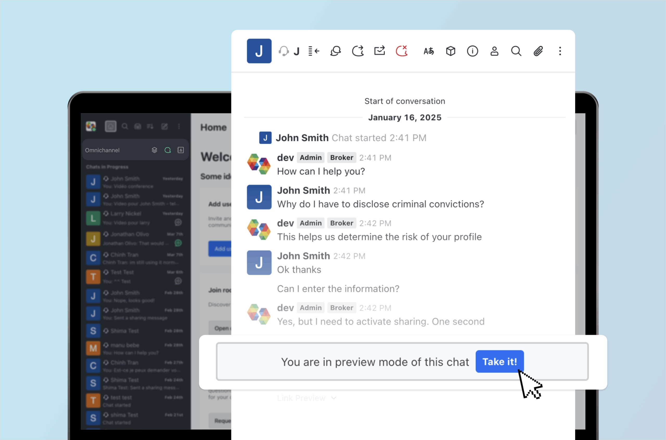 Connect_OlivoLive_Risk-Assessment-Platform_BLUE Livechat preview on broker/agent end. Cursor points to button saying "Take it!"