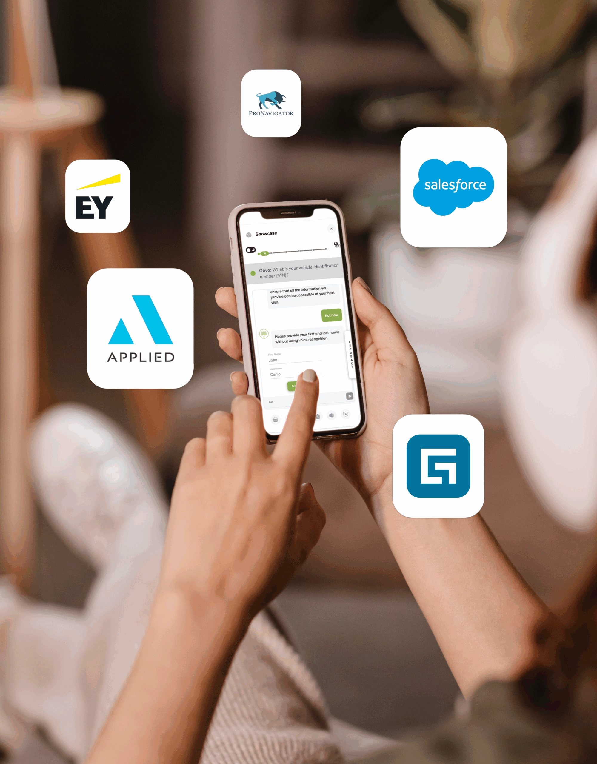 Integrations Image of person using Olivo's ai insurance platform on their phone. Logos of integrations float around the phone screen.