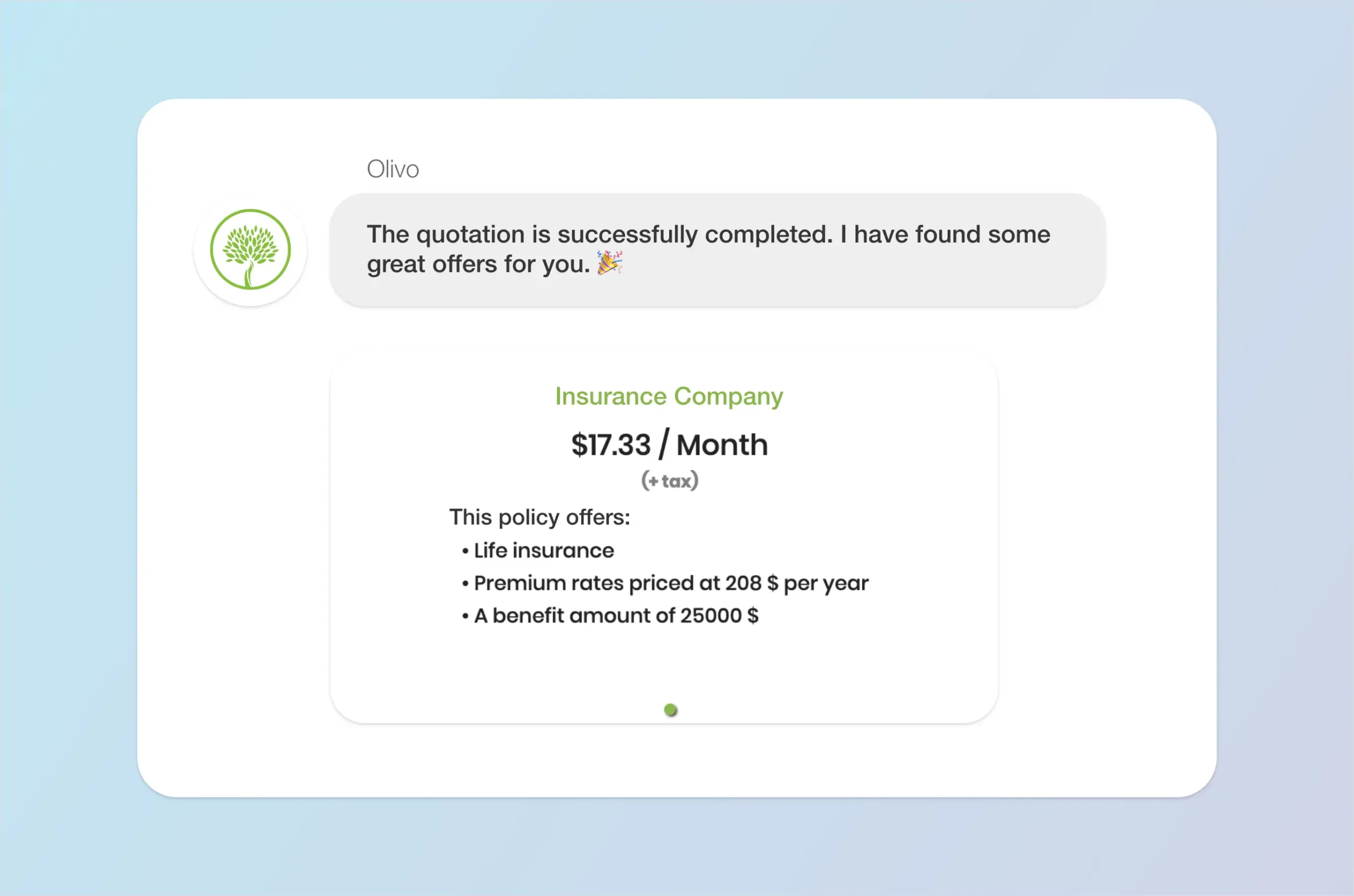 Conversation snapshot detailing Olivo's final life insurance quote for the client.