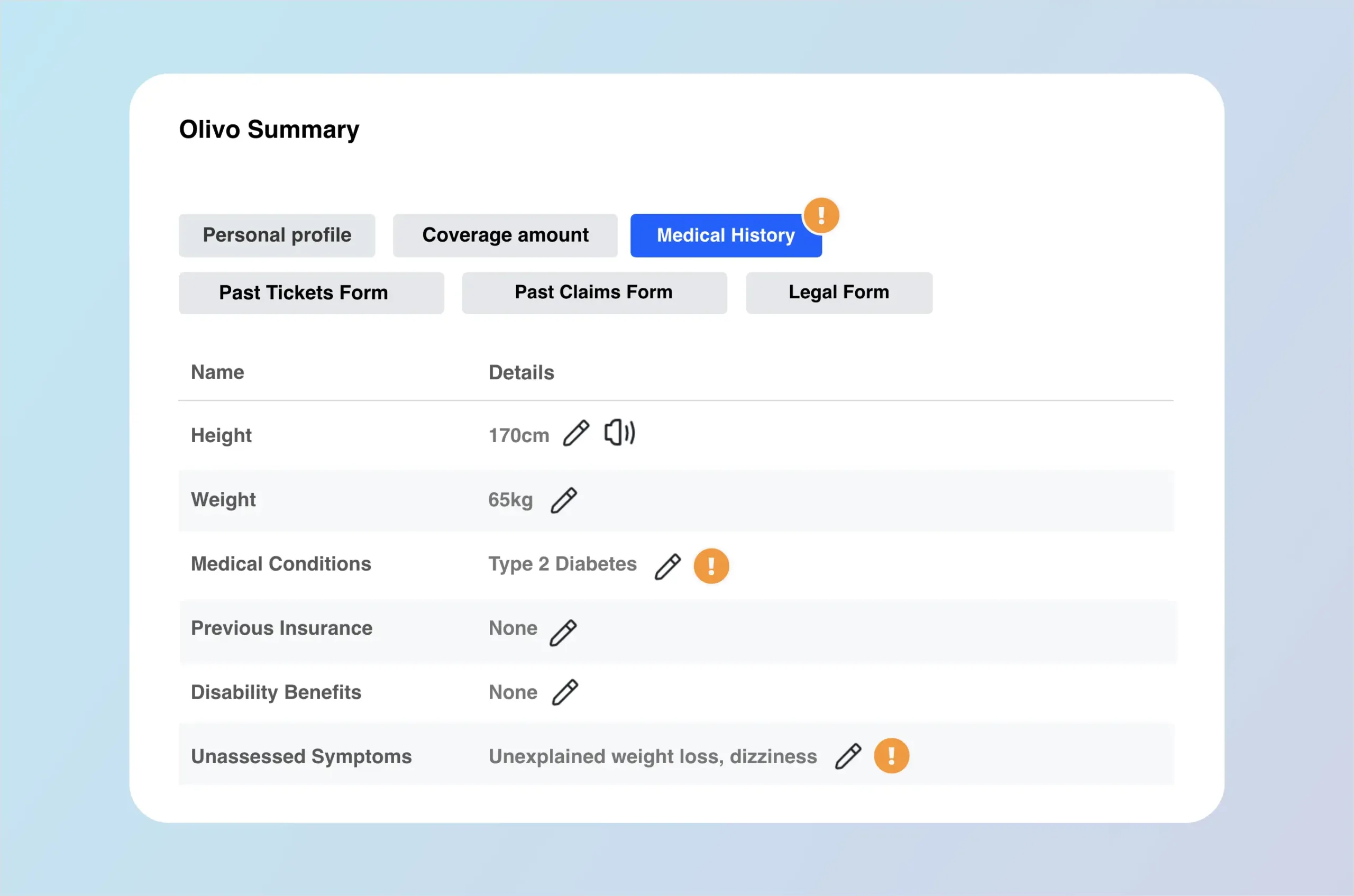 Summary table of information inputted by the client for a life insurance quote.
