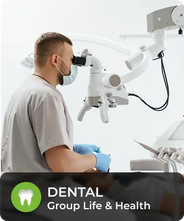 Life_LineCarousel_Dental Dentist looking through magnifying equipment. Bottom menu says Dental, a group life and health insurance line offered by Olivo.