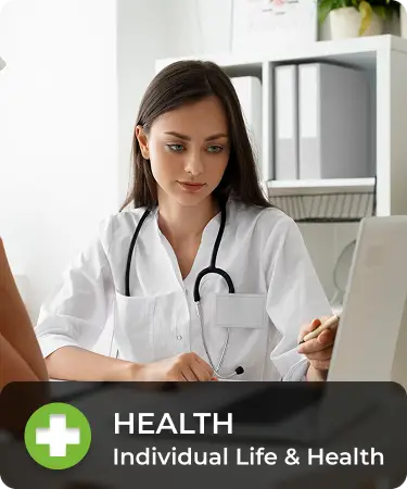 Life_LineCarousel_HealthInd Doctor looking at computer monitor. Bottom menu says health, a individual life and health insurance line offered by Olivo.
