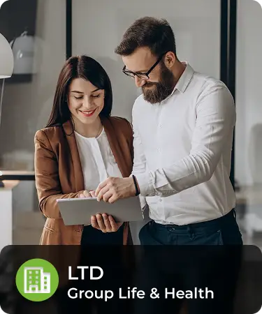 Life_LineCarousel_LTD Woman and man looking at tablet. Bottom menu says LTD, a group life and health insurance line offered by Olivo.