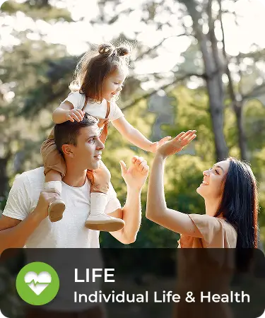 Life_LineCarousel_LifeInd Child on dad's shoulders high fiving mom. Bottom menu says Life, a individual life and health insurance line offered by Olivo.