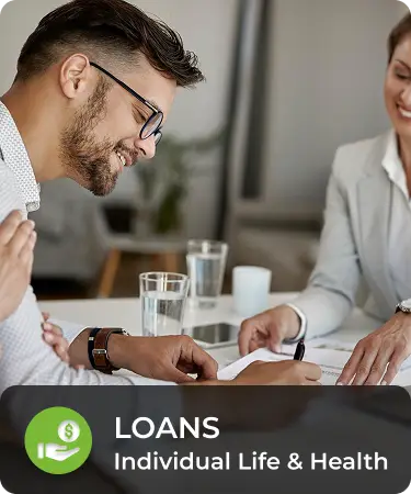 Life_LineCarousel_Loans Man signing a document. Bottom menu says loans, a individual life and health insurance line offered by Olivo.
