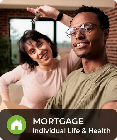 Life_LineCarousel_Mortgage Couple looks at viewer, showing off their new keys. Bottom menu says mortgage, a individual life and health insurance line offered by Olivo.