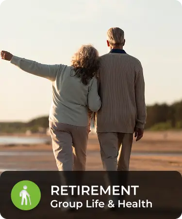 Life_LineCarousel_Retirement Elderly couple walking on beach. Bottom menu says Retirement, a group life and health insurance line offered by Olivo.
