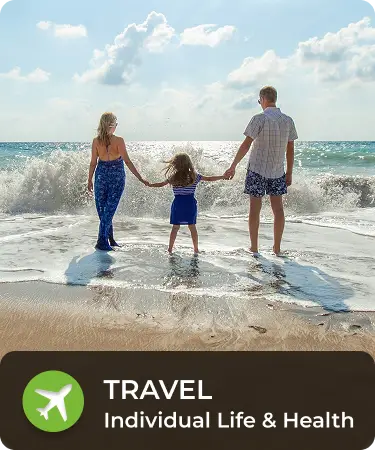 Life_LineCarousel_Travel Parents and daughter standing in front of a beach wave. Bottom menu says Travel, a individual life and health insurance line offered by Olivo.