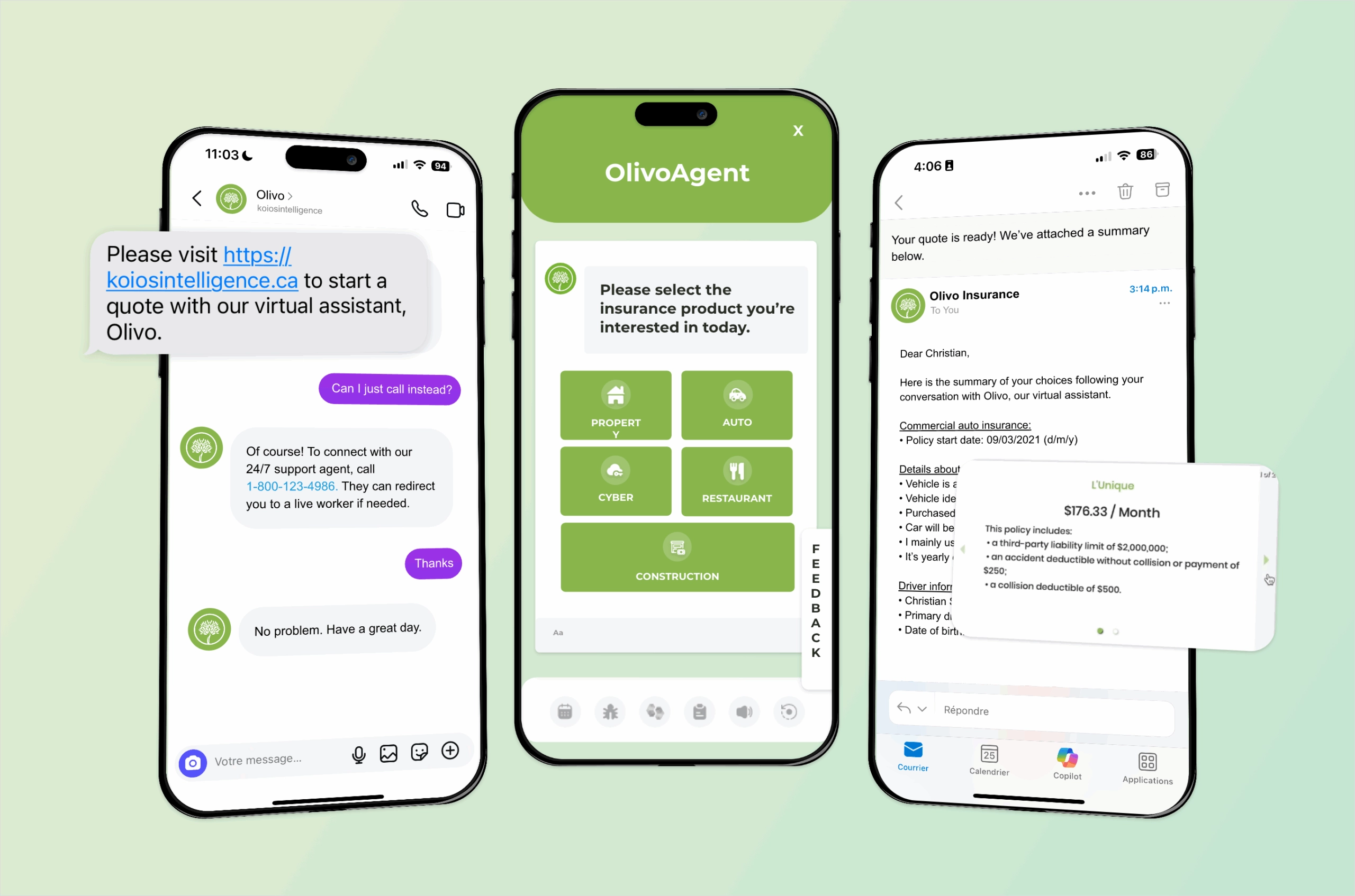 OlivoAgent_Commercial_Green Three phones displaying the client journey with Olivo's AI Agent.