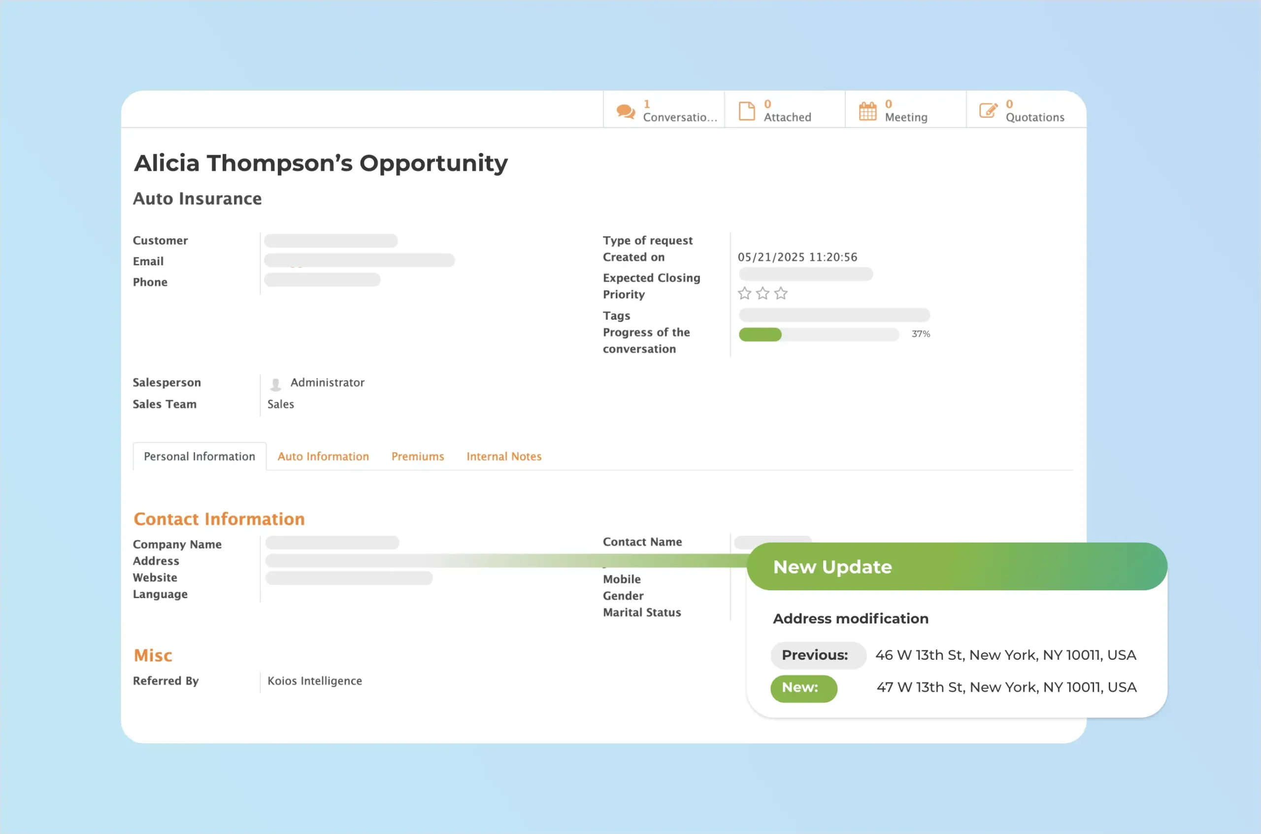 OlivoEngage_Features_Update Profile page of a lead with personal information greyed out. One grey line turns green and leads to a pop-up showing an information update.