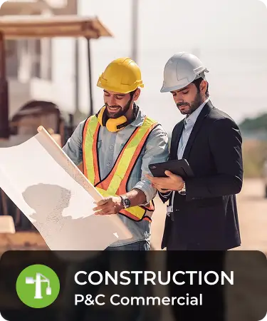P&C Commercial_LineCarousel_Construction Business man talking to construction worker, who is holding a building plan. Bottom menu says Construction, a P&C Commercial insurance line offered by Olivo.