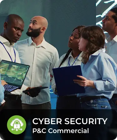 P&C Commercial_LineCarousel_Cyber Group of business people having a serious discussion. Bottom menu says Cyber security, a P&C Commercial insurance line offered by Olivo.