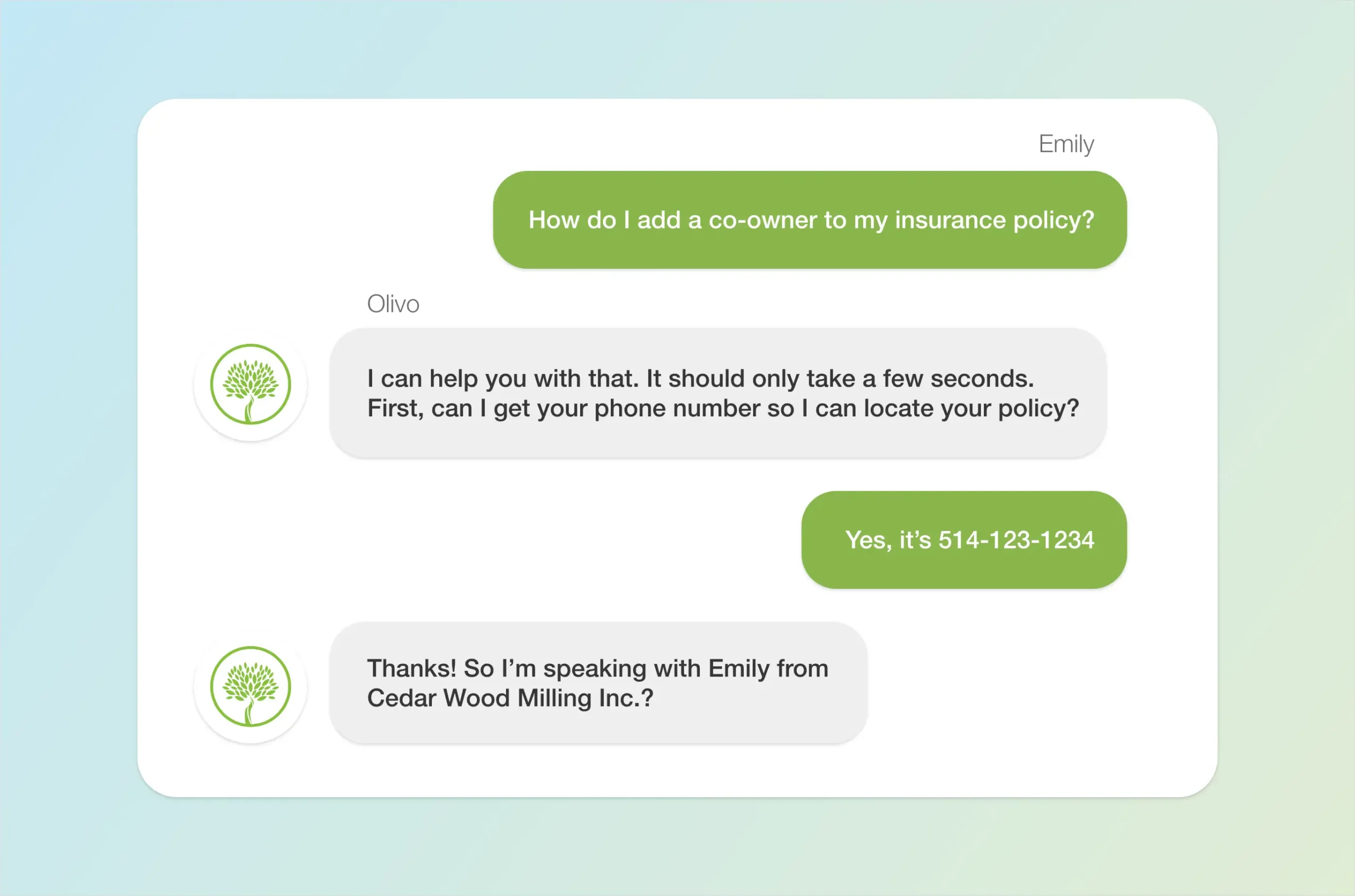 P&C Commercial_Process_Aftersales copy Conversation snapshot between a client and Olivo. Client requests to add a co-owner to her insurance policy.