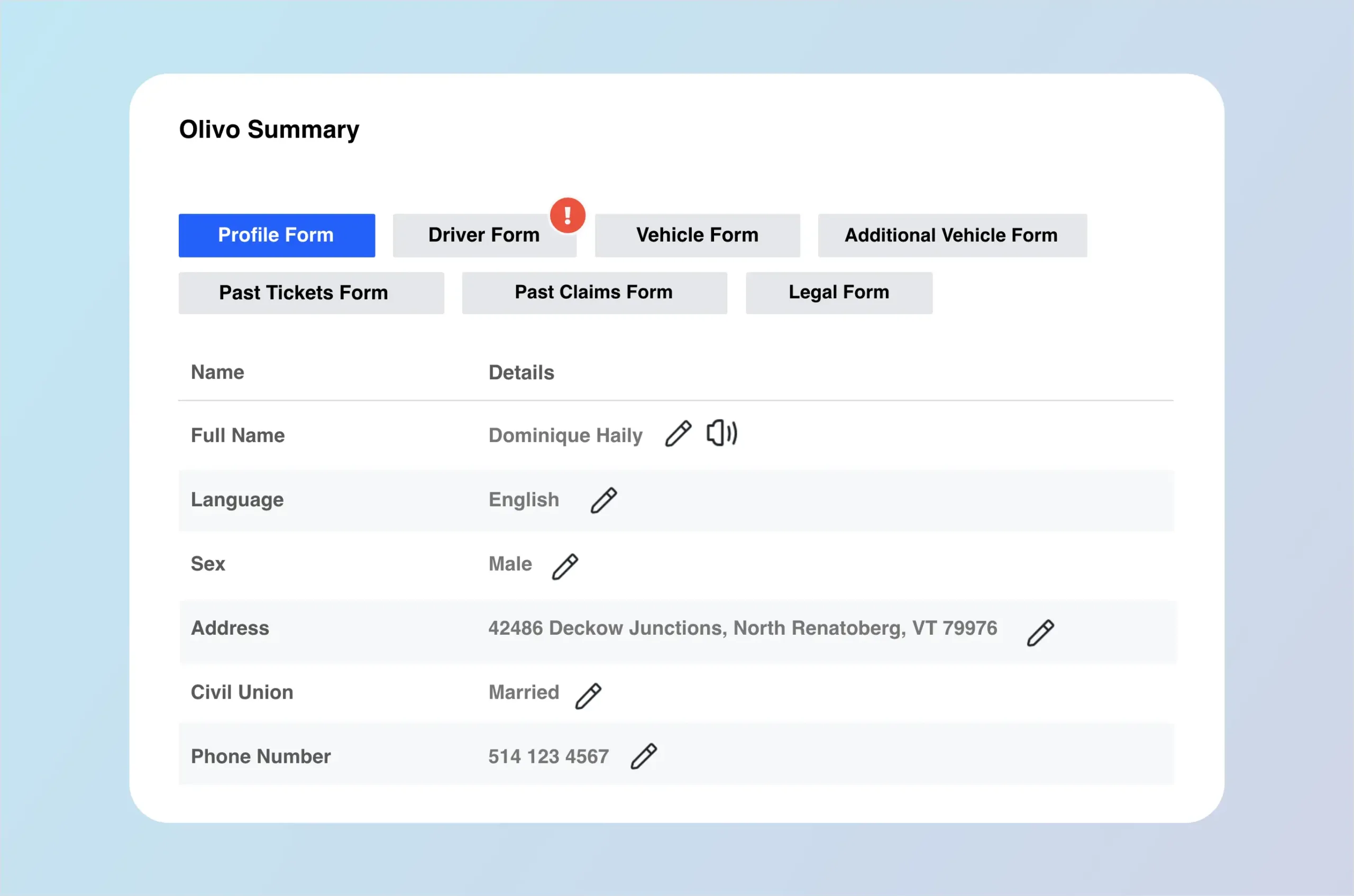 P&C Commercial_Process_SummaryTable copy Summary table of information. Buttons show different forms that can be accessed. Personal information is displayed in rows.