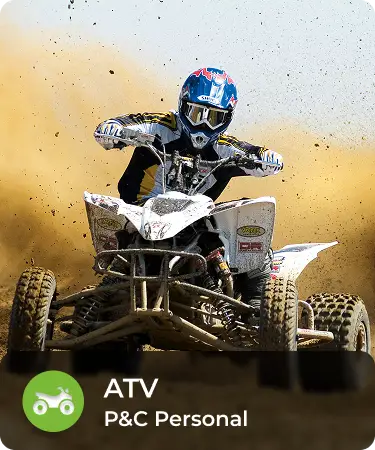 P&C Personal_LineCarousel_ATV Person riding all terrain vehicle through dust. Bottom menu says ATV, a P&C personal insurance line offered by Olivo.
