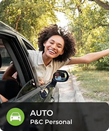 P&C Personal_LineCarousel_Auto Woman hangs out side of car with arm outstretched, smiling. Bottom menu says Auto, a P&C personal insurance line offered by Olivo.