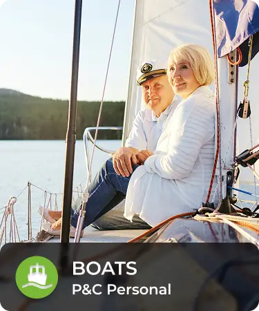 P&C Personal_LineCarousel_Boat Elderly couple on boat. Bottom menu says Boat, a P&C personal insurance line offered by Olivo.