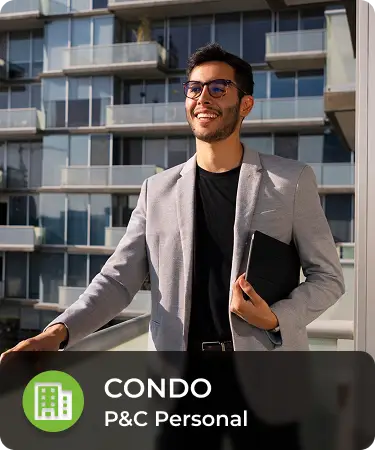 P&C Personal_LineCarousel_Condo Young man on balcony smiling while holding a tablet. Bottom menu says Condo, a P&C personal insurance line offered by Olivo.