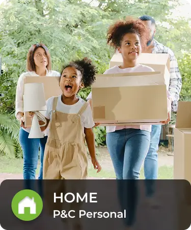 P&C Personal_LineCarousel_Home Family moving boxes. Two kids in foreground smile happily. Bottom menu says Home, a P&C personal insurance line offered by Olivo.