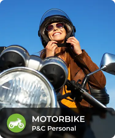 P&C Personal_LineCarousel_Motorbike Woman on motorbike smiling. Bottom menu says Motorbike, a P&C personal insurance line offered by Olivo.