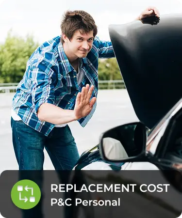P&C Personal_LineCarousel_RP Guy looking forward, putting his hand up in from of a broken car. Bottom menu says Replacement Cost, a P&C personal insurance line offered by Olivo.