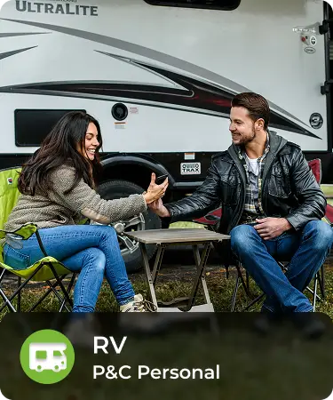 P&C Personal_LineCarousel_RV Two people looking at a phone, sitting in front of an RV. Bottom menu says RV, a P&C personal insurance line offered by Olivo.