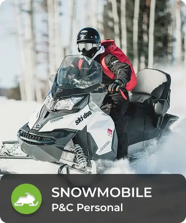 P&C Personal_LineCarousel_Snowmobile Person riding a ski-doo in the winter. Bottom menu says Snowmobile, a P&C personal insurance line offered by Olivo.