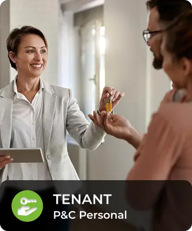 P&C Personal_LineCarousel_Tenant Realtor handing keys to couple. Bottom menu says Tenant, a P&C personal insurance line offered by Olivo.