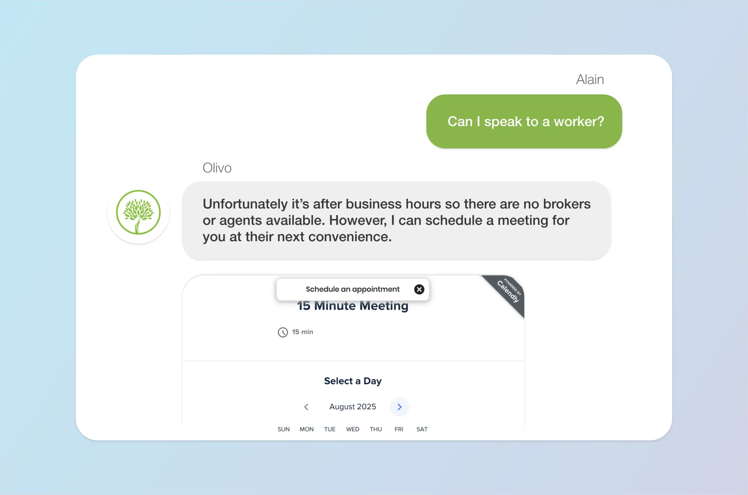 P&C Personal_Process_Handoff copy Conversation between client and Olivo. Client asks if he can speak to a broker. Olivo responds that he must book an appointment.