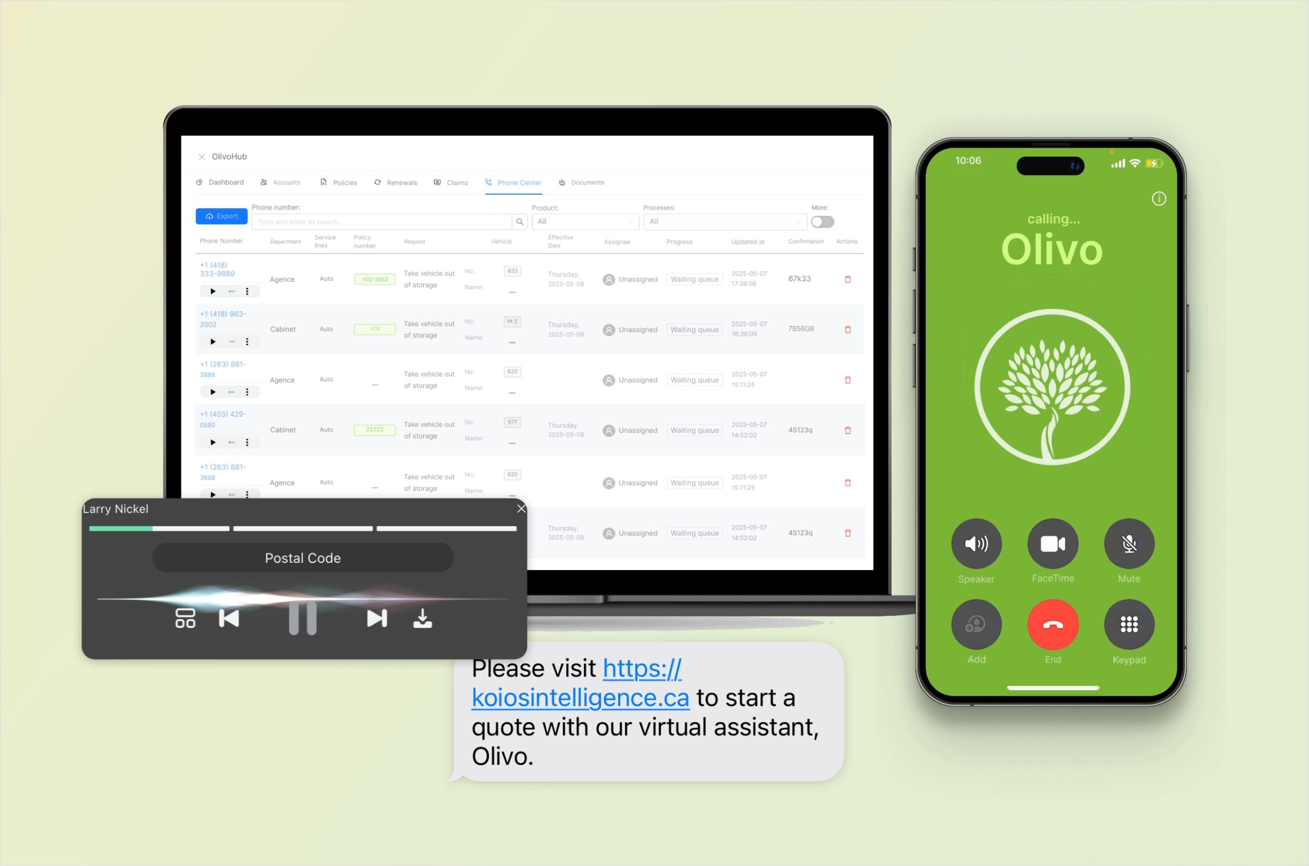 Voice-Solutions-OlivoPhone UI of OlivoPhone call centre, and SMS and transcription capabilities.