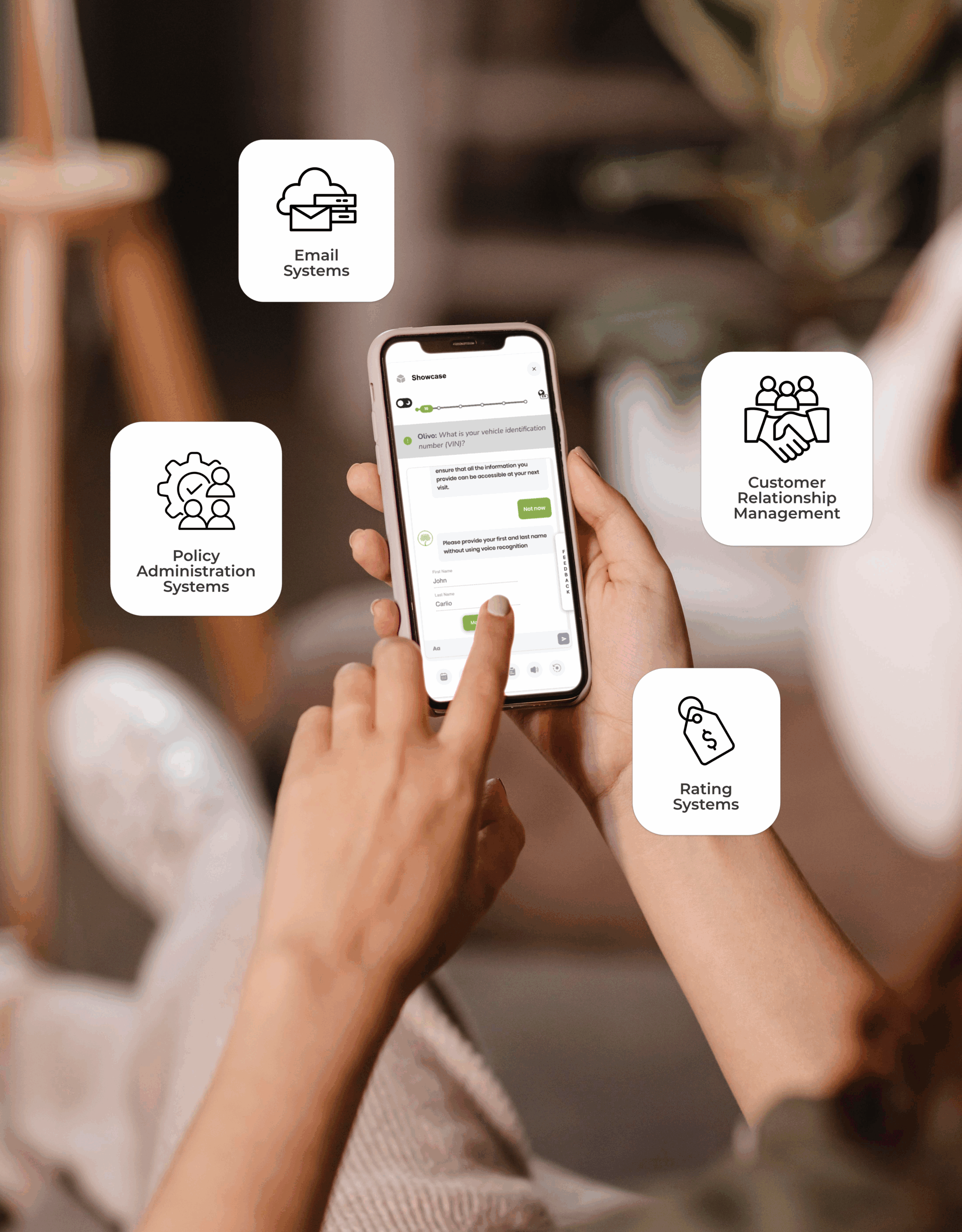 Image of person using Olivo's ai insurance platform on their phone. Logos of integrations float around the phone screen.