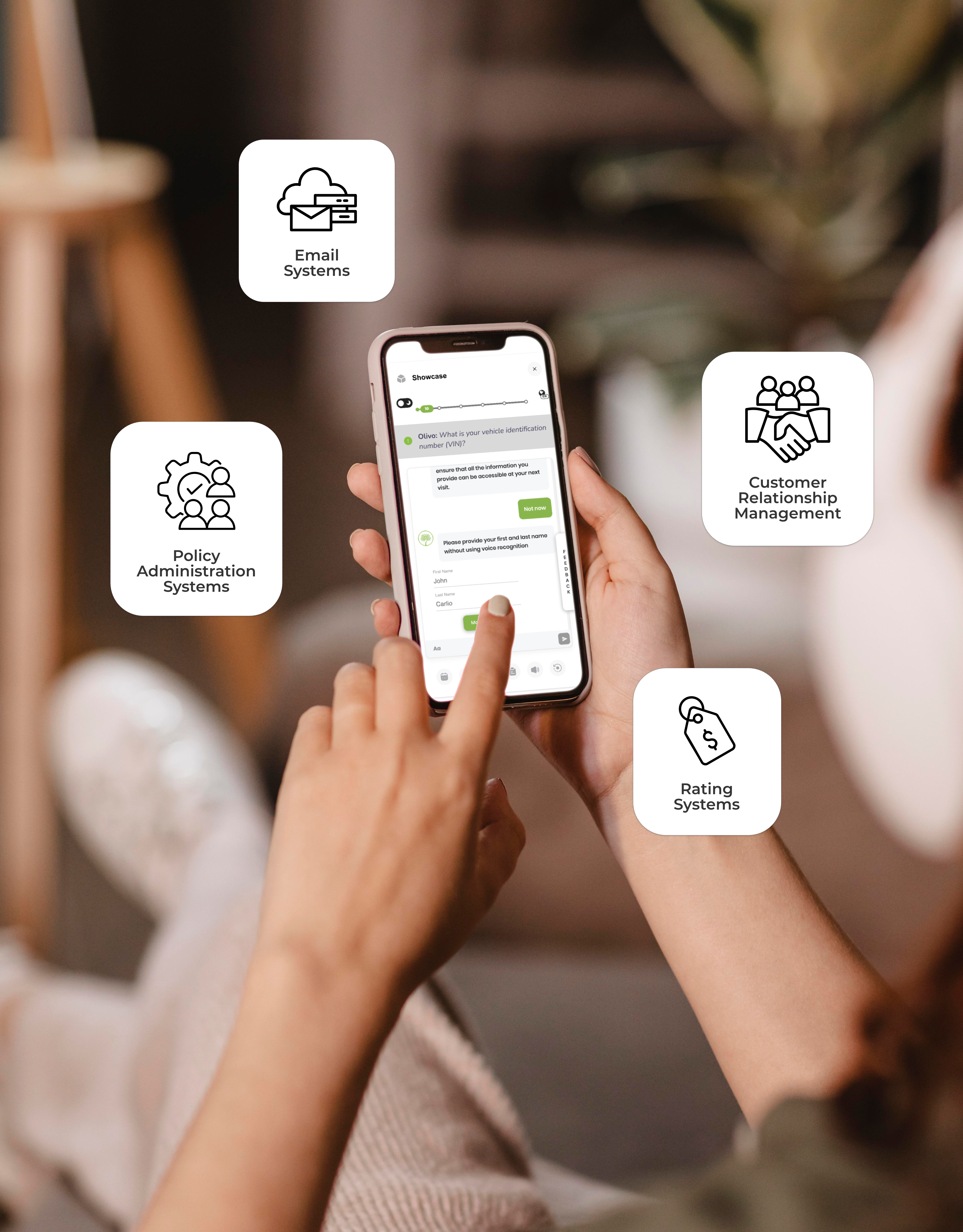 Integrations_NoBrands Image of person using Olivo's ai insurance platform on their phone. Logos of integrations float around the phone screen.