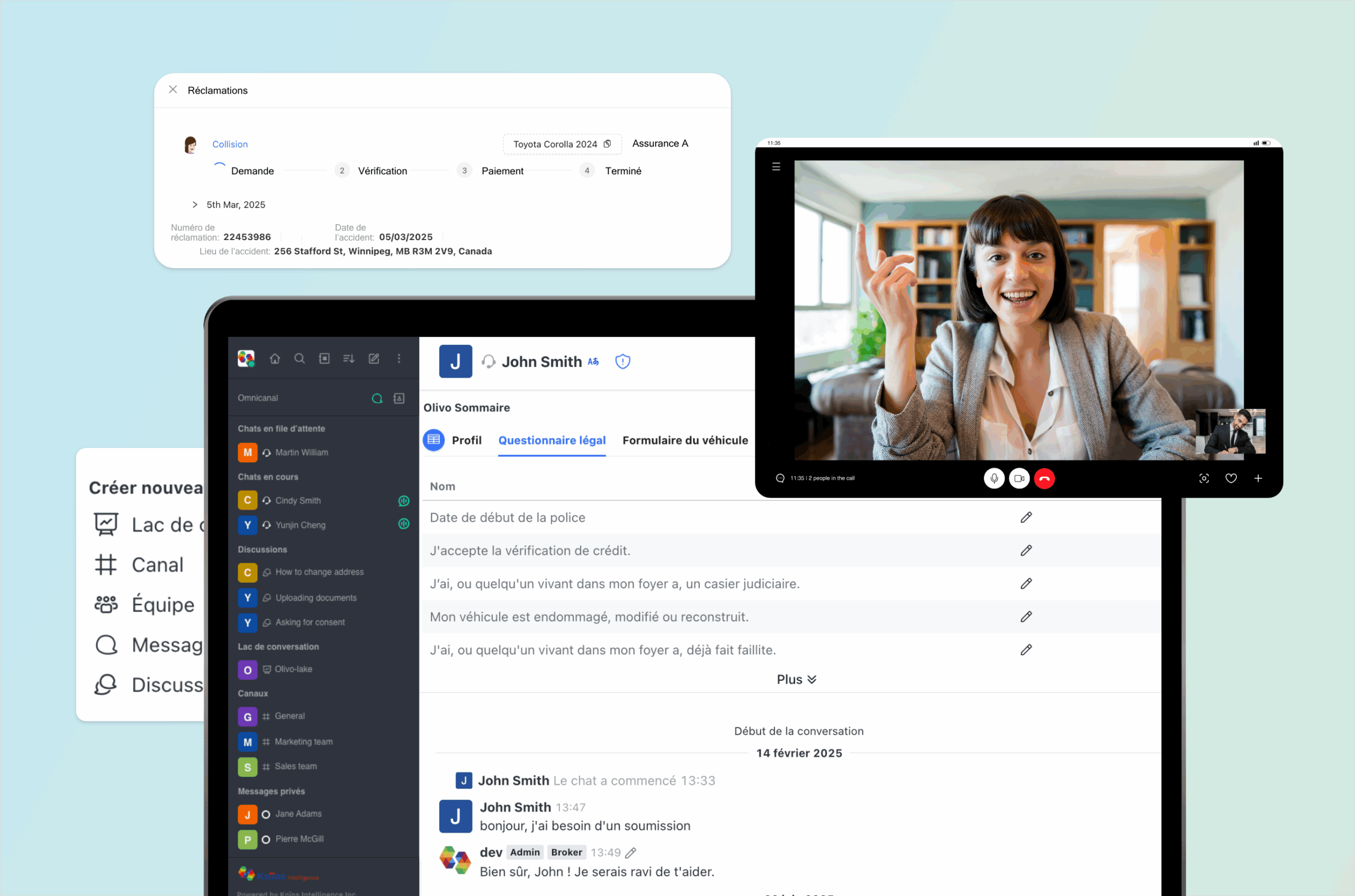 Display of call between worker and client. Hovering nodes depict a live voice recording and call options.