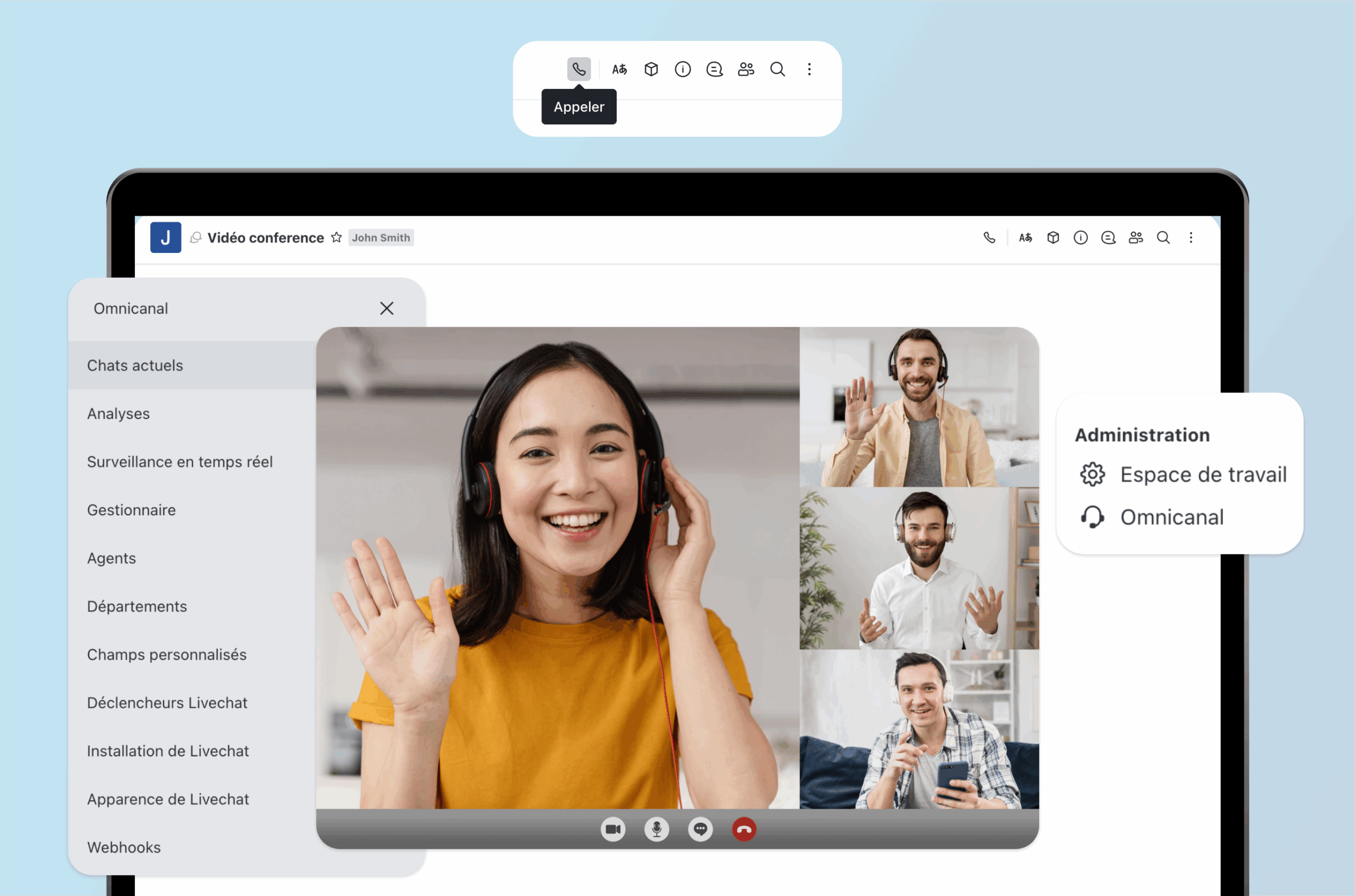 Conference call between four workers. Hovering options show administrative settings.