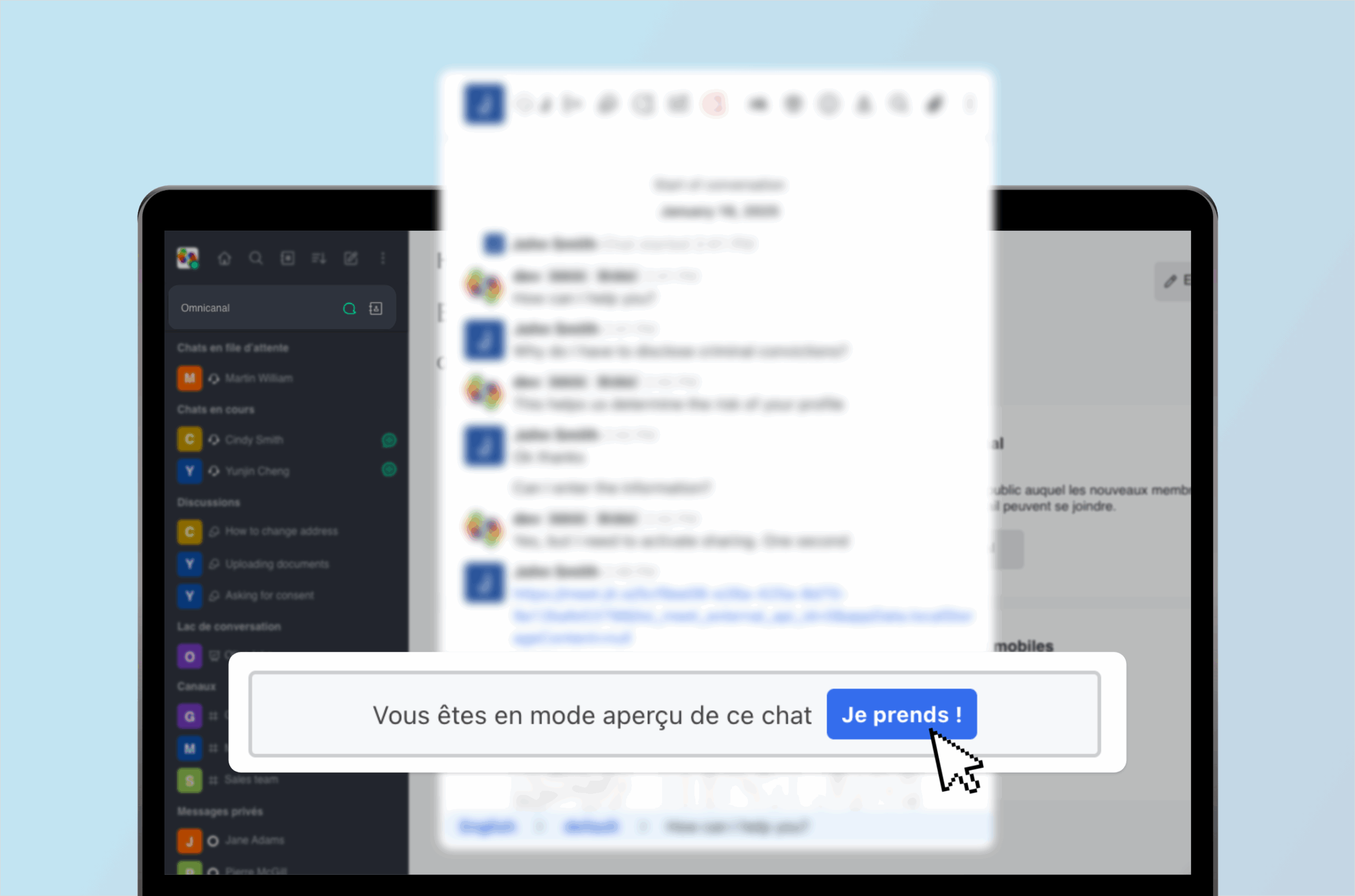 Livechat preview on broker/agent end. Cursor points to button saying "Take it!"