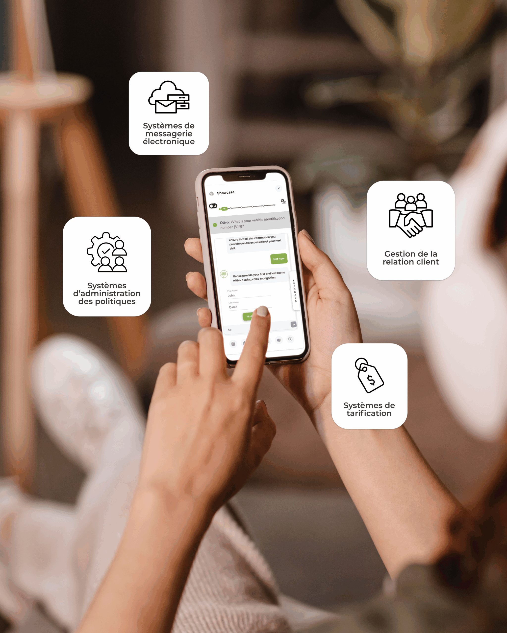 Integrations_NoBrands Image of person using Olivo's ai insurance platform on their phone. Logos of integrations float around the phone screen.