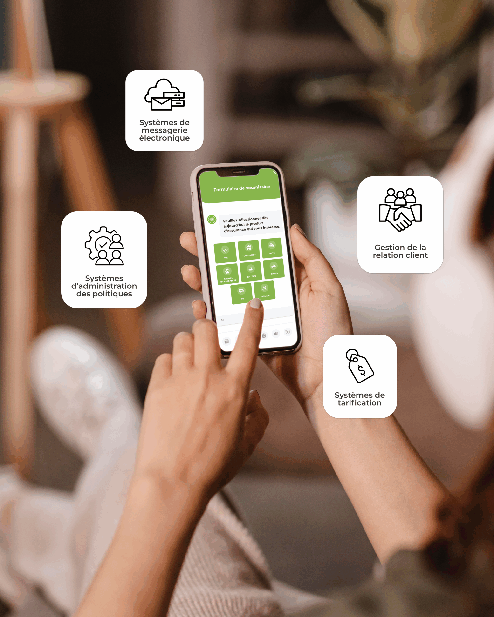 Image of person using Olivo's ai insurance platform on their phone. Logos of integrations float around the phone screen.