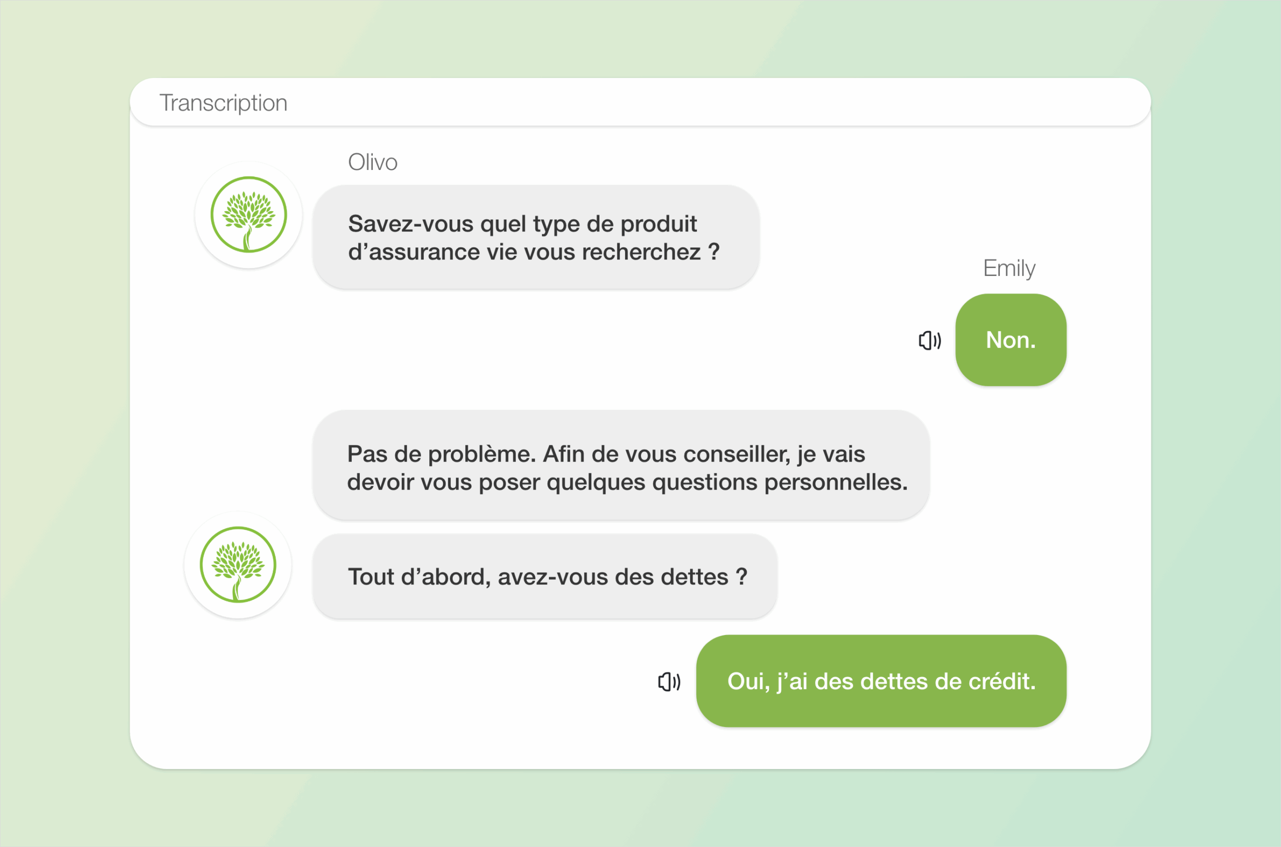 Transcript of conversation between Olivo and a client. Olivo asks if the client knows what kind of life insurance product they are looking for.