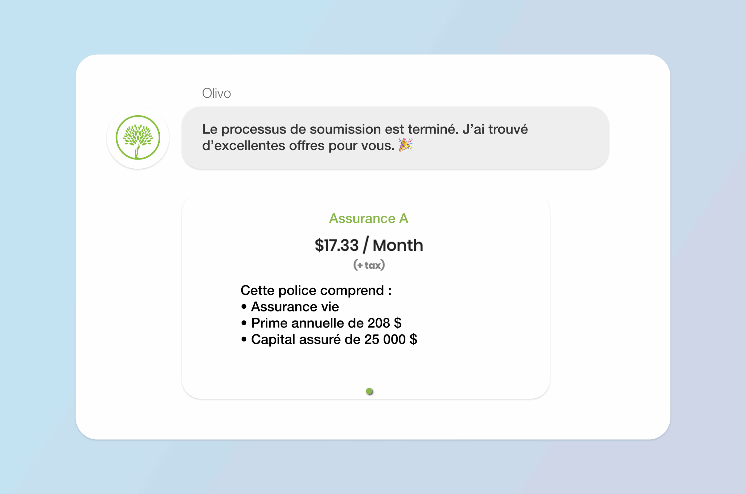 Conversation snapshot detailing Olivo's final life insurance quote for the client.