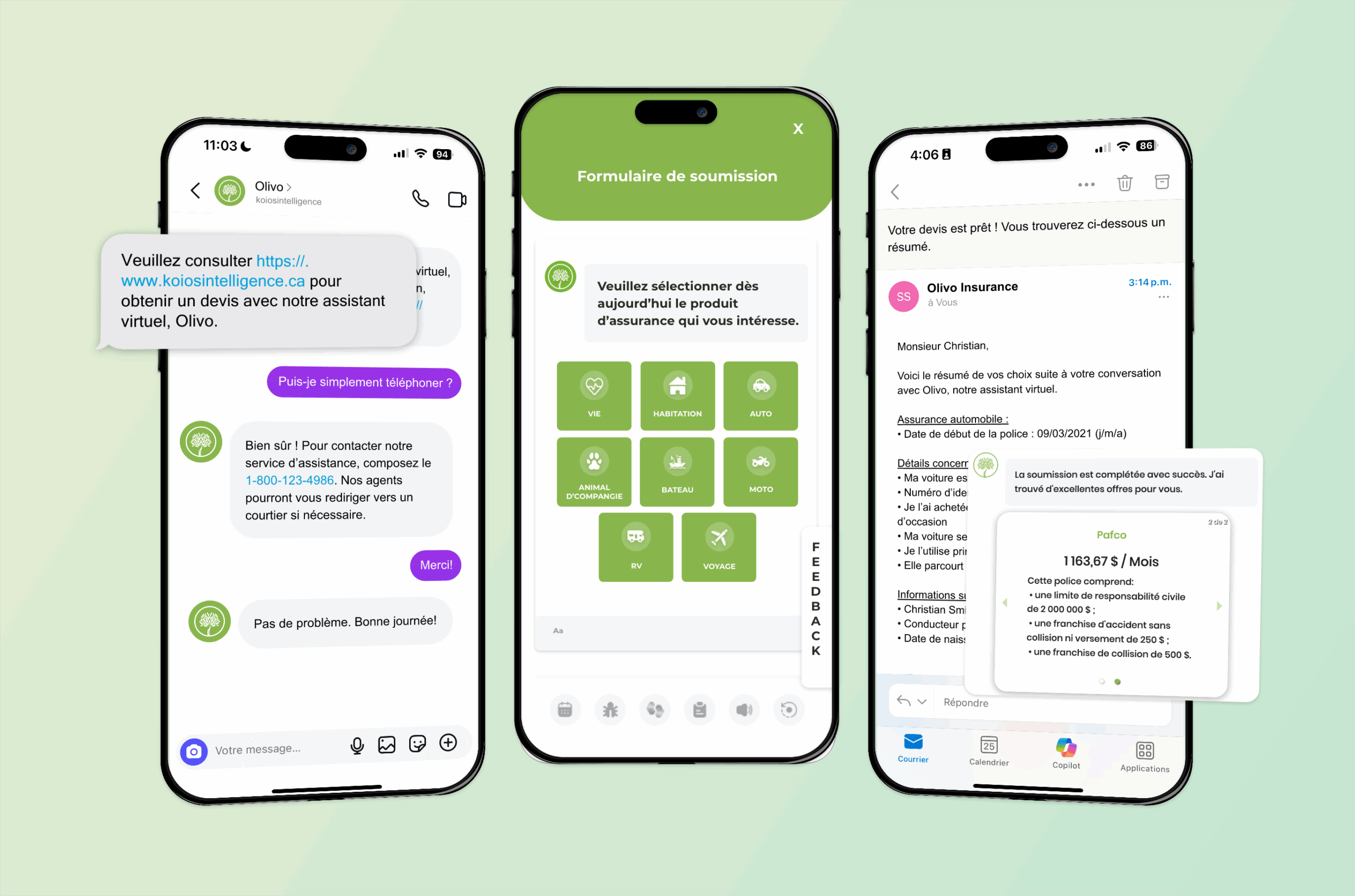 Three phones displaying the client journey with Olivo's AI Agent.