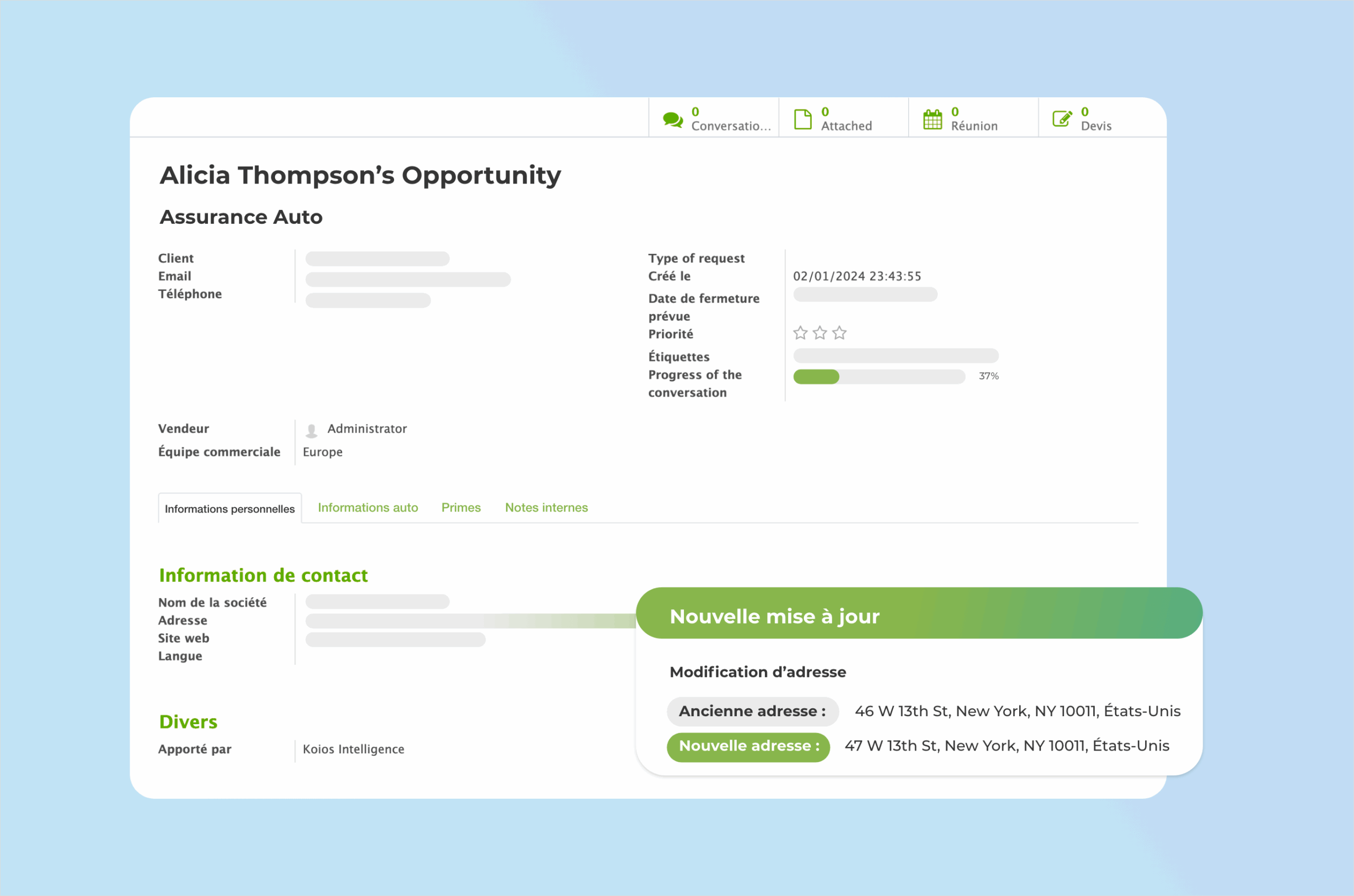 Profile page of a lead with personal information greyed out. One grey line turns green and leads to a pop-up showing an information update.