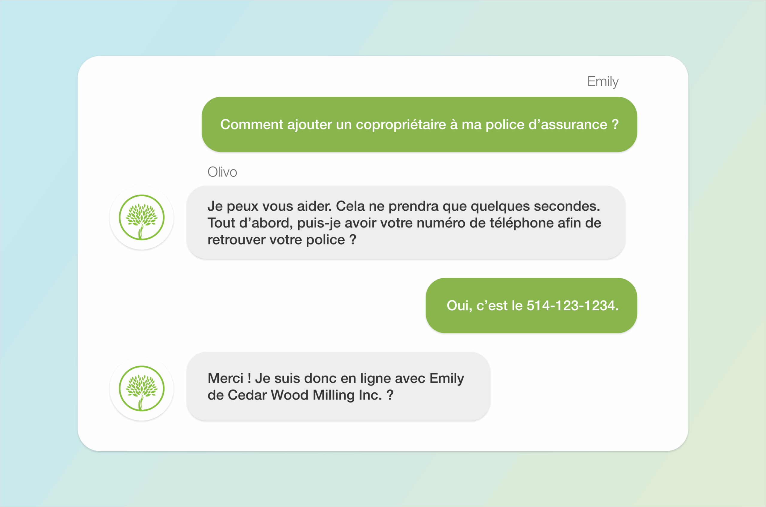 Conversation snapshot between a client and Olivo. Client requests to add a co-owner to her insurance policy.