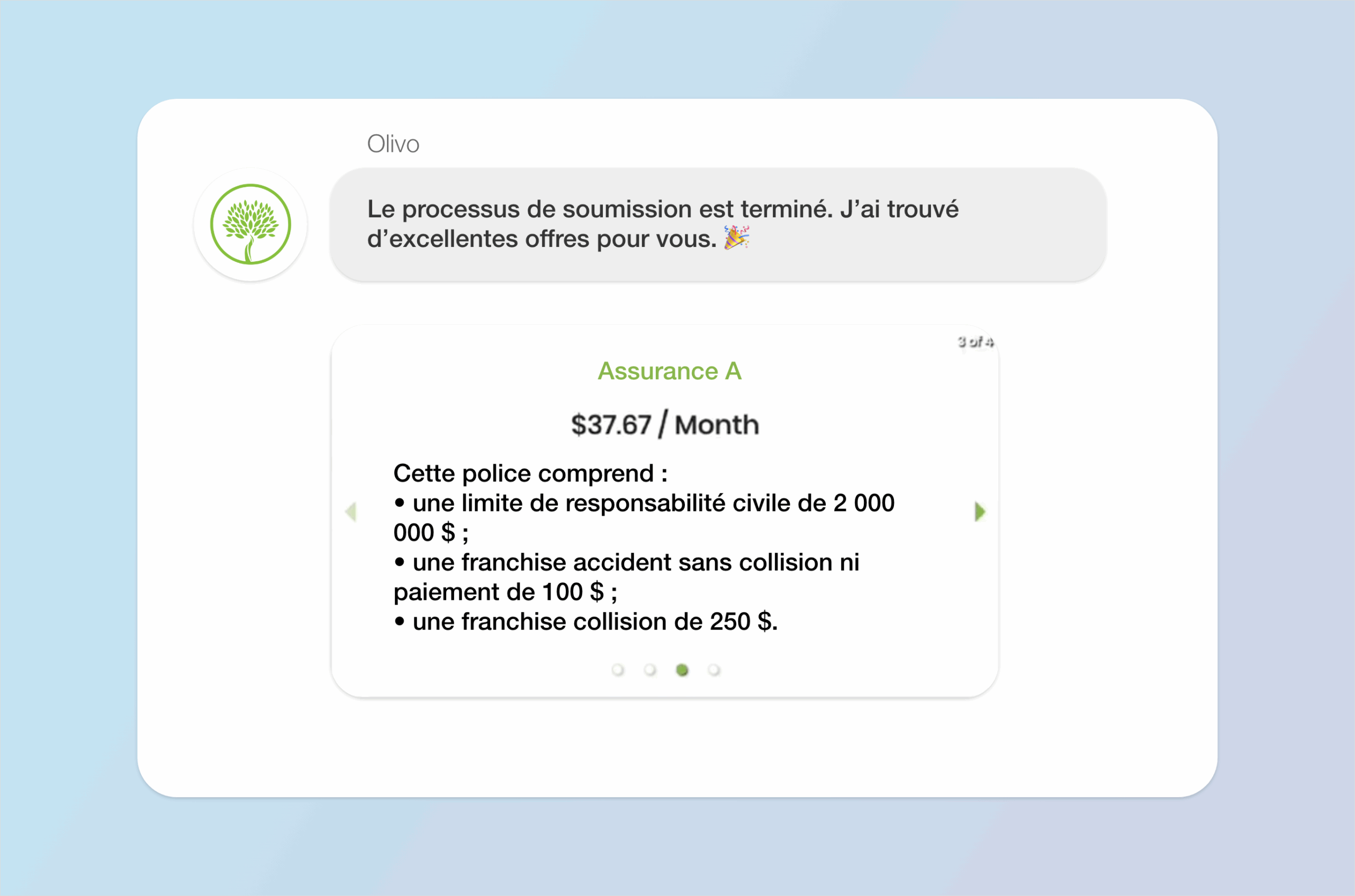 Conversation snapshot detailing Olivo's final P&C commercial insurance quote for the client.