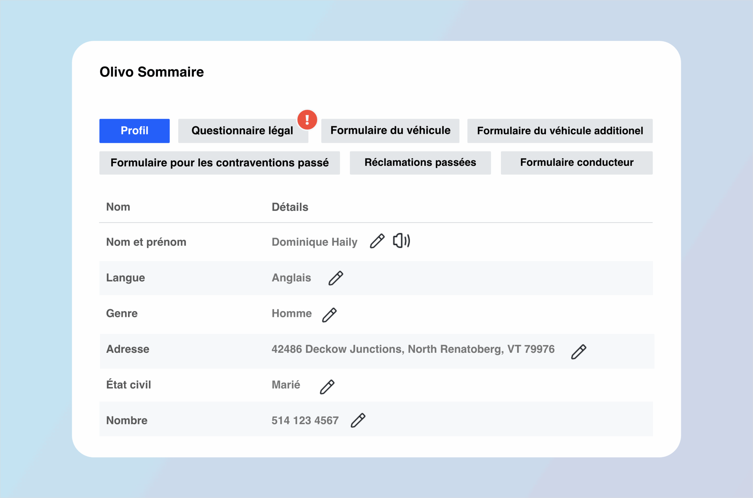 Summary table of information. Buttons show different forms that can be accessed. Personal information is displayed in rows.