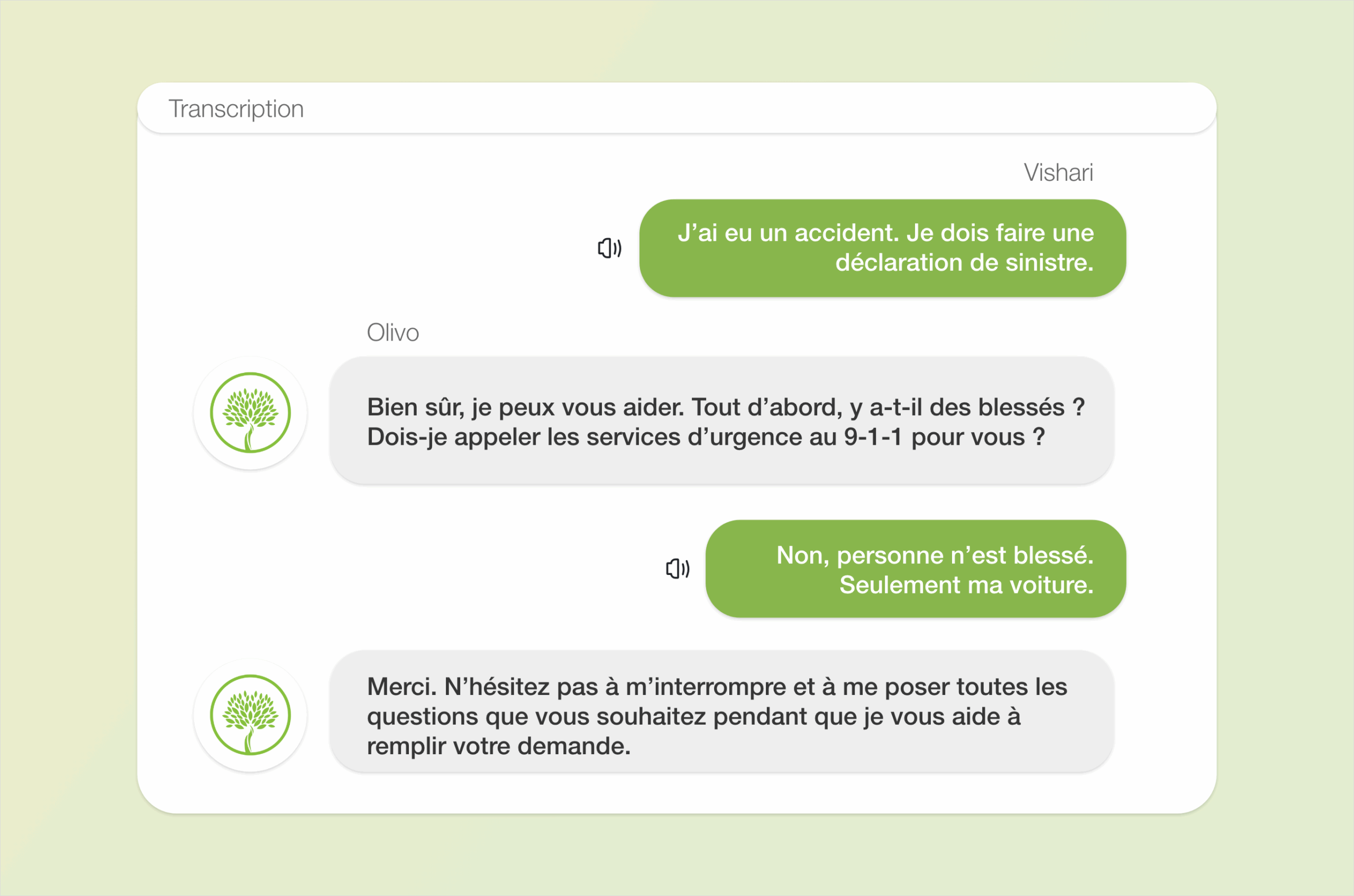 Transcript of First Notice of Loss conversation between a client and Olivo.