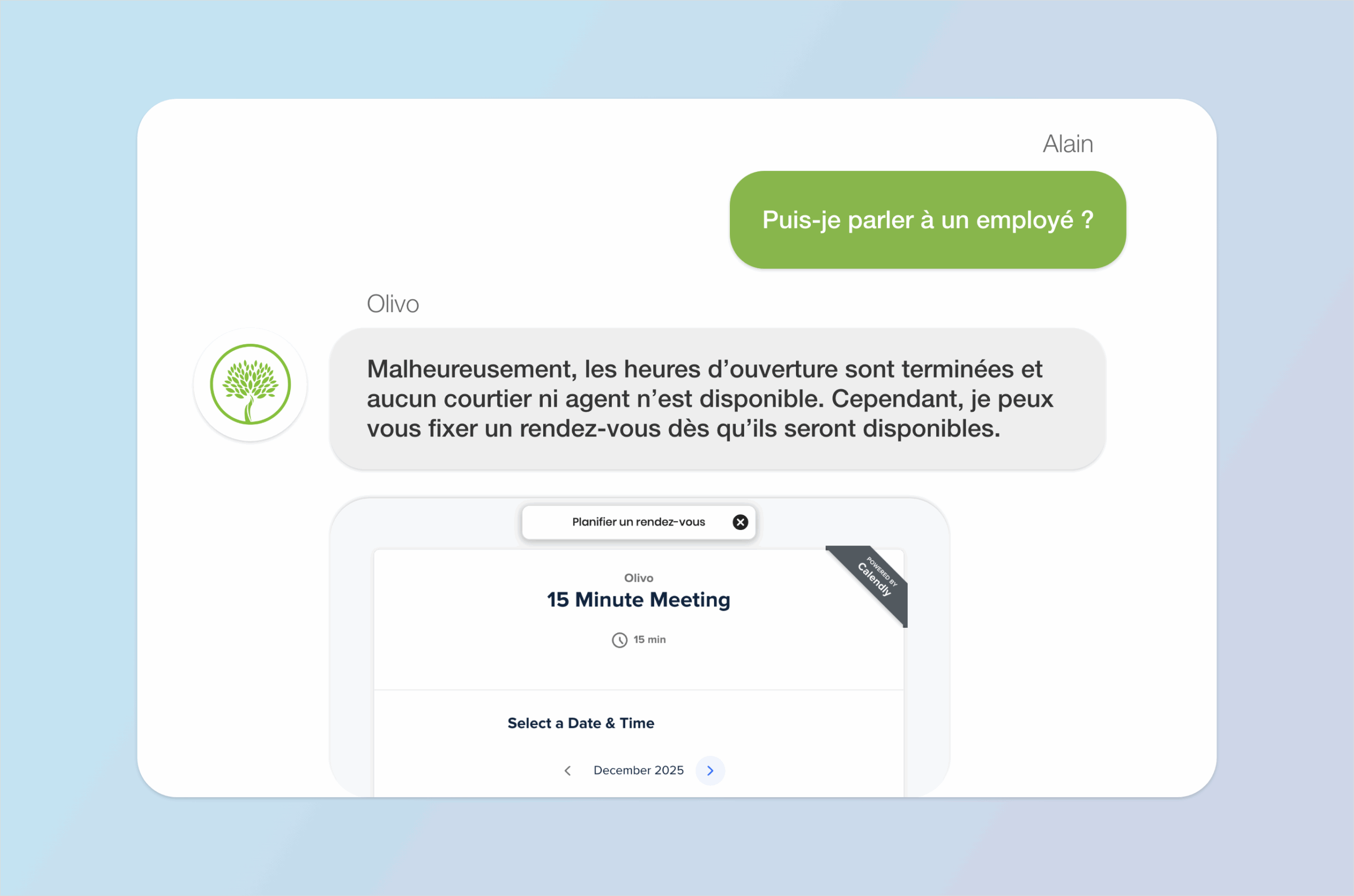 Conversation between client and Olivo. Client asks if he can speak to a broker. Olivo responds that he must book an appointment.