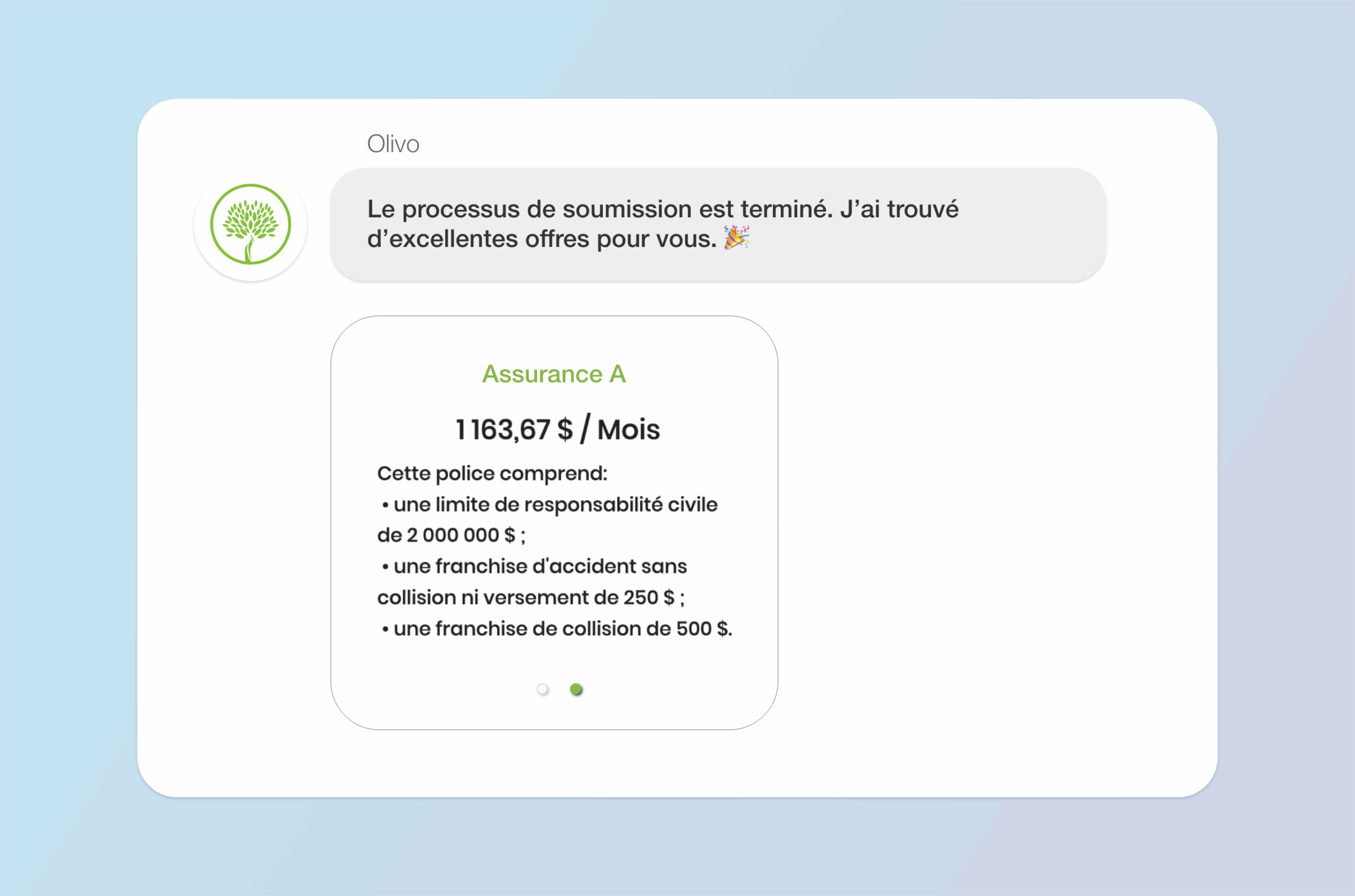 Conversation snapshot detailing Olivo's final P&C personal insurance quote for the client.
